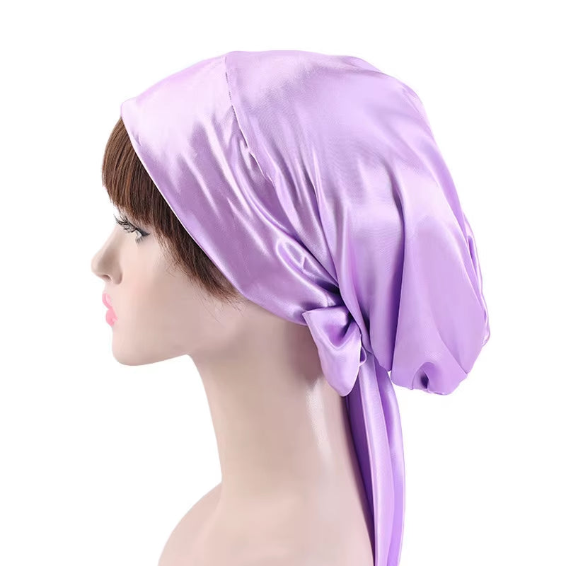 Women Silk Satin Cap Night Sleep Cap Hair Bonnet Hat Head Cover Satin Turban Headscarf Adjustable Ladies Long Hair Care Bonnet - DUX