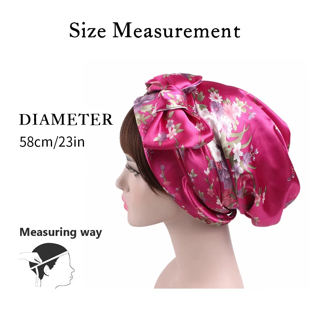 Women Silk Satin Cap Night Sleep Cap Hair Bonnet Hat Head Cover Satin Turban Headscarf Adjustable Ladies Long Hair Care Bonnet - DUX