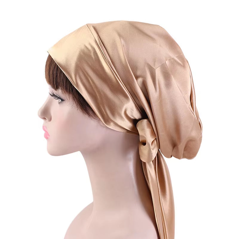 Women Silk Satin Cap Night Sleep Cap Hair Bonnet Hat Head Cover Satin Turban Headscarf Adjustable Ladies Long Hair Care Bonnet - DUX