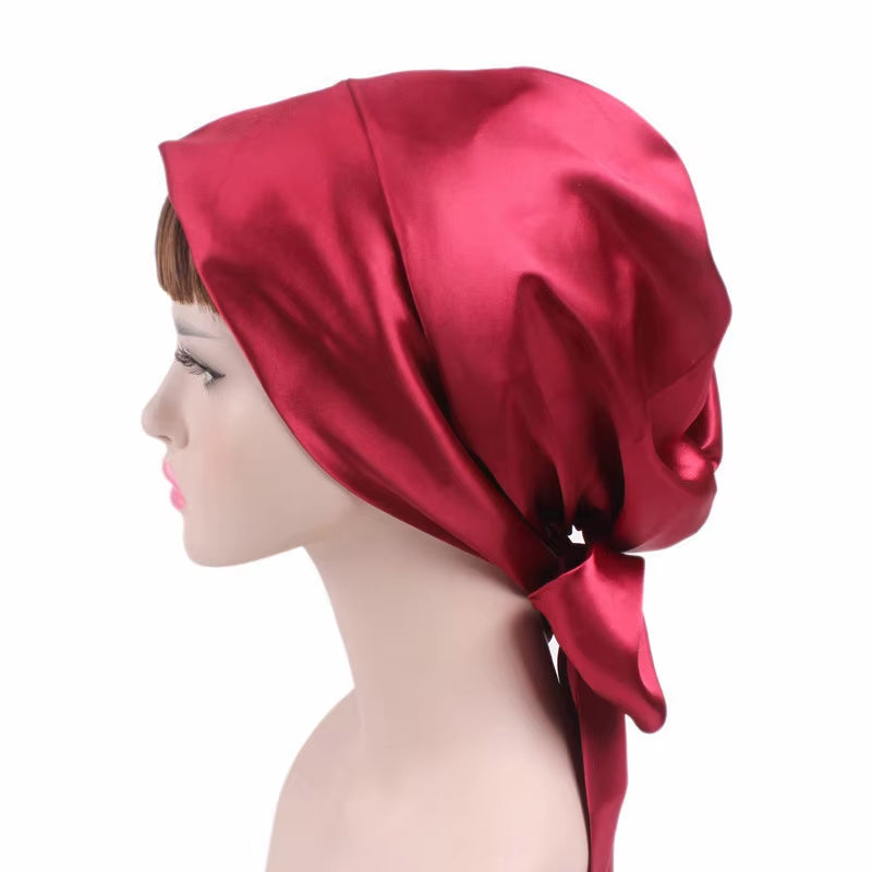 Women Silk Satin Cap Night Sleep Cap Hair Bonnet Hat Head Cover Satin Turban Headscarf Adjustable Ladies Long Hair Care Bonnet - DUX