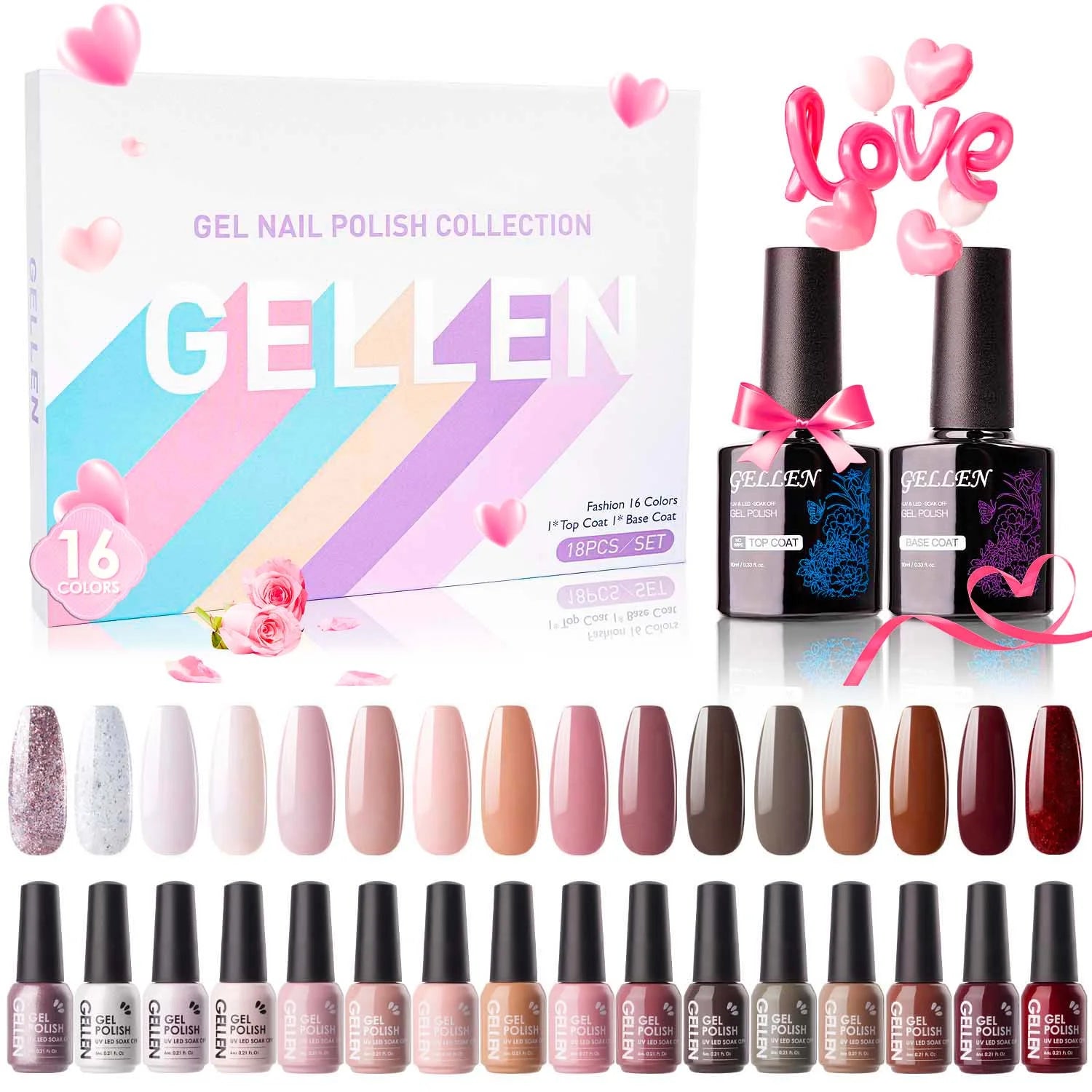 Gel Nail Polish Kit, 16 Colors Gel Polish Nudes with Top and Base Coat, UV Nail Gel - DUX