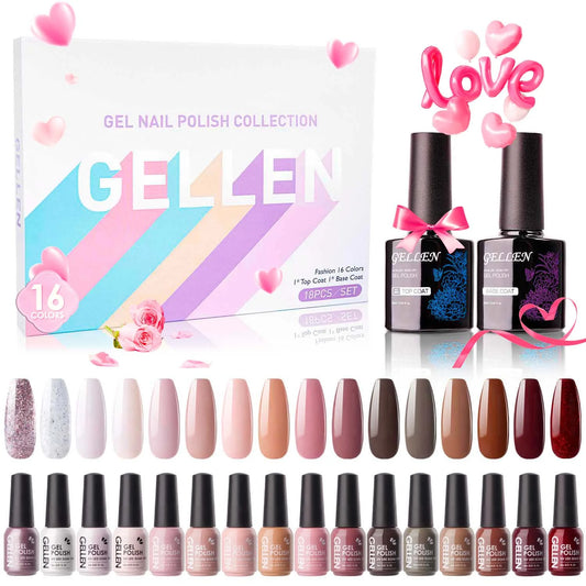 Gel Nail Polish Kit, 16 Colors Gel Polish Nudes with Top and Base Coat, UV Nail Gel - DUX