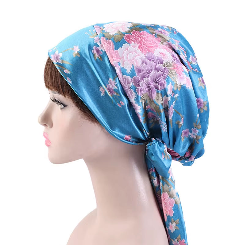Women Silk Satin Cap Night Sleep Cap Hair Bonnet Hat Head Cover Satin Turban Headscarf Adjustable Ladies Long Hair Care Bonnet - DUX