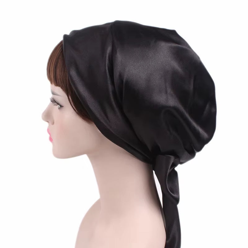 Women Silk Satin Cap Night Sleep Cap Hair Bonnet Hat Head Cover Satin Turban Headscarf Adjustable Ladies Long Hair Care Bonnet - DUX