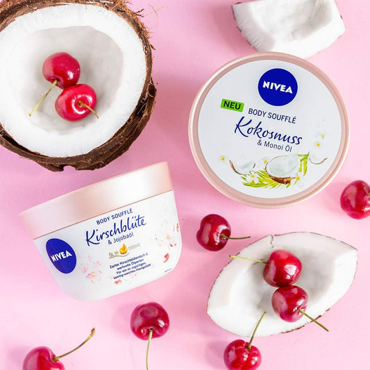 NIVEA Body Soufflé - Jojoba and cherry blossom oil - 24h moisturizing for dry skin - DUX