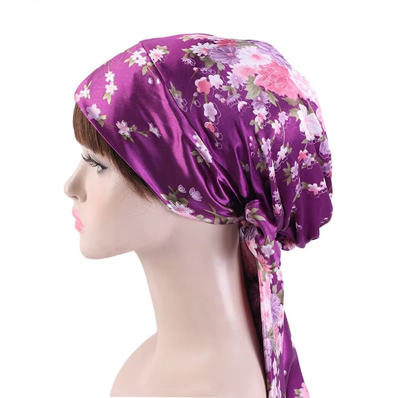Women Silk Satin Cap Night Sleep Cap Hair Bonnet Hat Head Cover Satin Turban Headscarf Adjustable Ladies Long Hair Care Bonnet - DUX