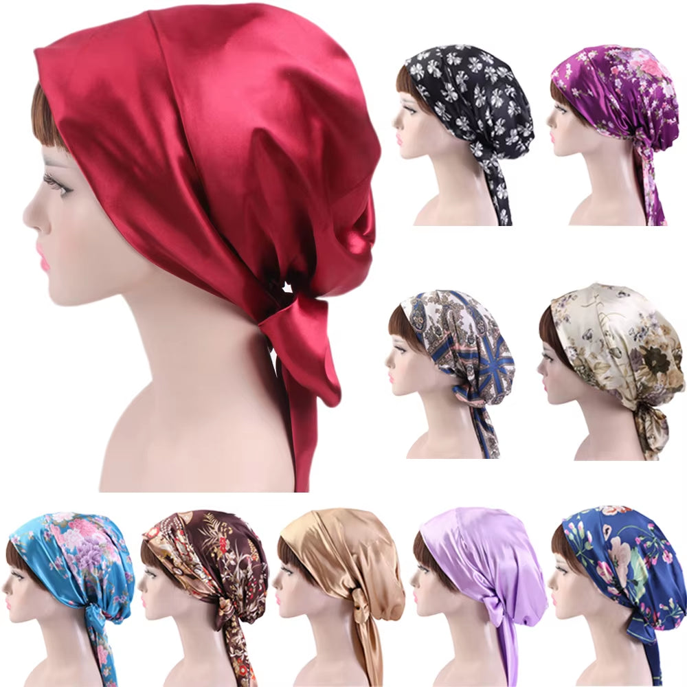 Women Silk Satin Cap Night Sleep Cap Hair Bonnet Hat Head Cover Satin Turban Headscarf Adjustable Ladies Long Hair Care Bonnet - DUX